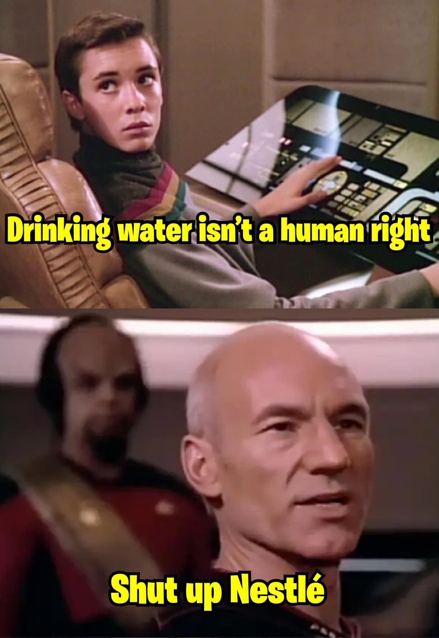 This meme is a humorous exchange between two characters from the TV show "Star Trek: The Next Generation". The top image shows a young character, Wesley Crusher, looking at a console with a confused expression. The text above him reads "I'm not a doctor, but I play one on TV." The bottom image shows Captain Jean-Luc Picard, played by Patrick Stewart, with a stern expression. The text above him reads "I'm not a doctor, but I play one on TV." The meme is a play on words, using the phrase "I'm not a doctor, but I play one on TV" in a humorous way, with the character Wesley Crusher saying "I'm not a doctor, but I play one on TV" and Captain Picard responding with "I'm not a doctor, but I play one on TV" followed by "Shut up, Wesley."
